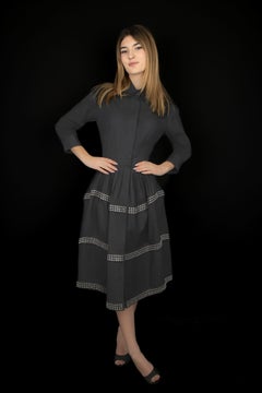 Azzedine Alaïa Women's Mid-Length Black Cotton Dress with Pearl Strips