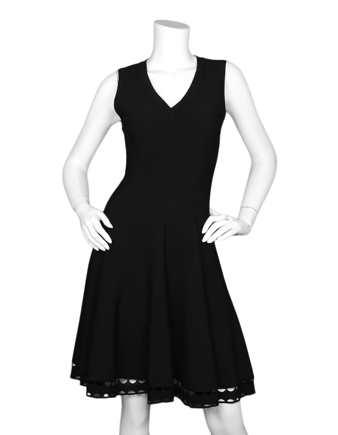 Alaia Black Fit & Flare V Neck Sleeveless Dress W/ Crochet Hem Sz 42

Made In:  Italy
Color: Black
Materials: 82% viscose, 10% polyester, 6% nylon 2% elastodiene
Opening/Closure: Hidden back zip
Overall Condition: Excellent pre-owned condition