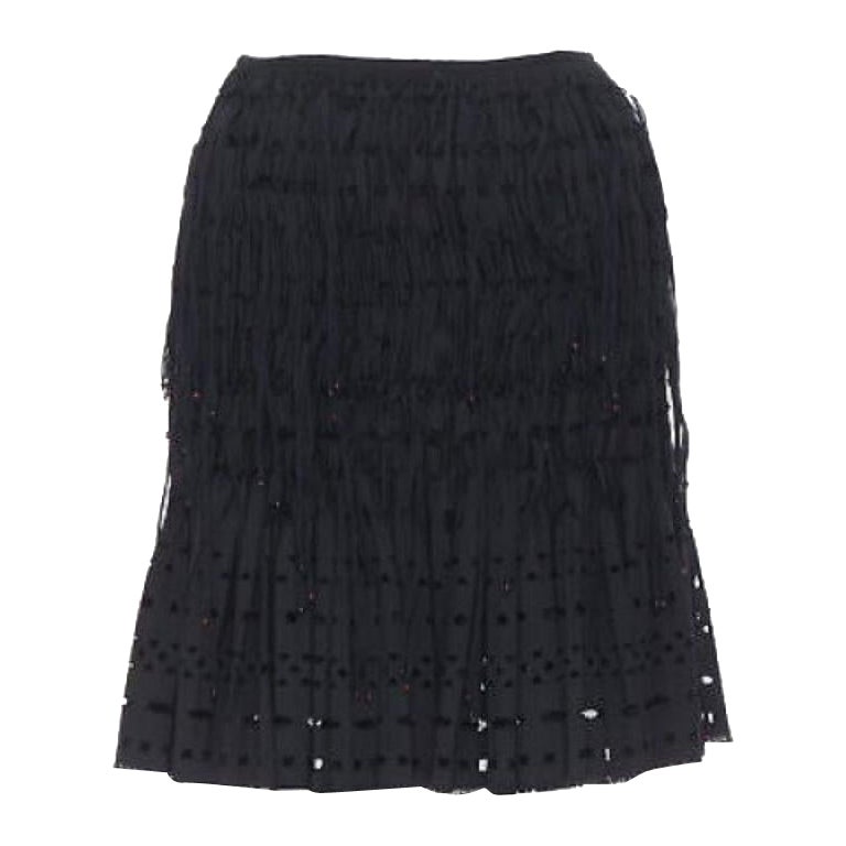 ALAIA black geometric cut out pleated shirred red bead fringe skirt FR38 M