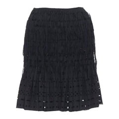 ALAIA black geometric cut out pleated shirred red bead fringe skirt FR38 M