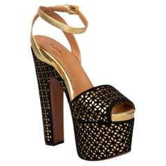 Alaïa Black & Gold Suede Laser Cut Platform Heels Size IT 38.5