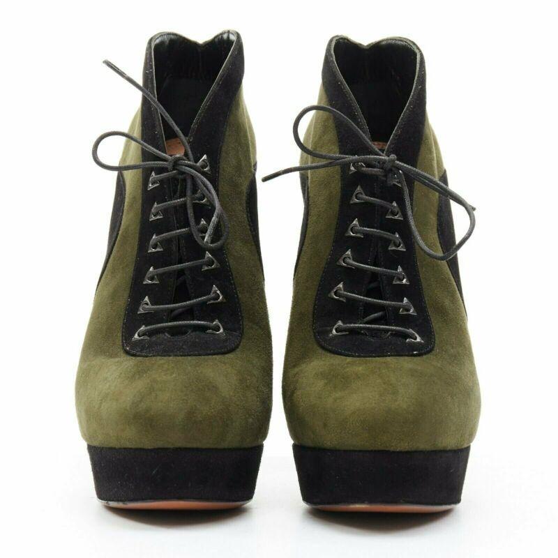 Noir ALAIA bottines en cuir velours vert noir avec lacets et plateforme EU37 en vente