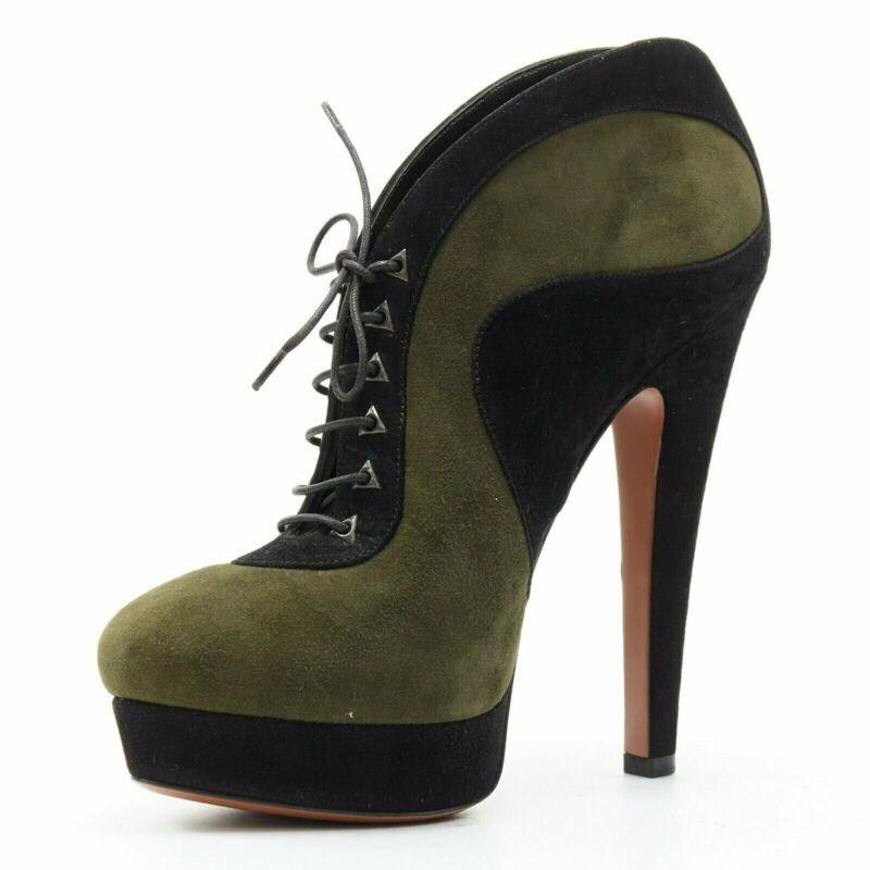ALAIA black green suede leather lace up platform ankle bootie EU37 In Good Condition For Sale In Hong Kong, NT