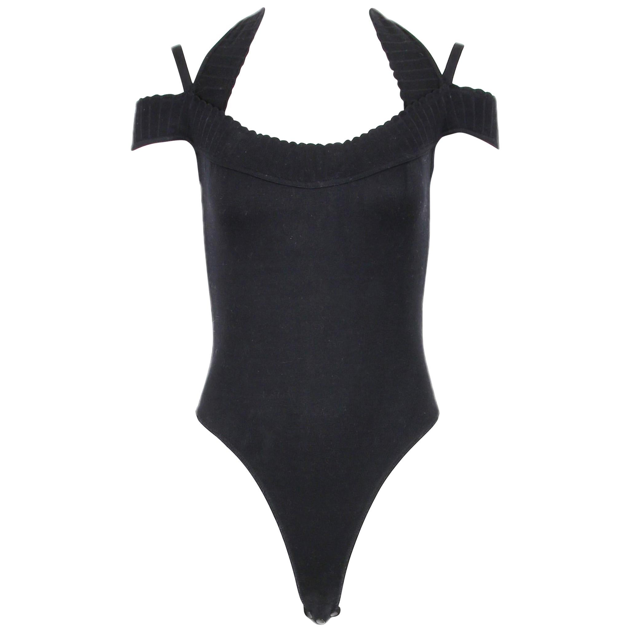 Alaia Black Halter Stretch Bodysuit W/Scallop Hem For Sale