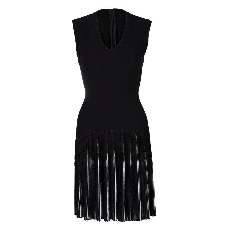 Alaia Black Knit Accordion Pleat Detail Fit and Flare Sleeveless Dress M
