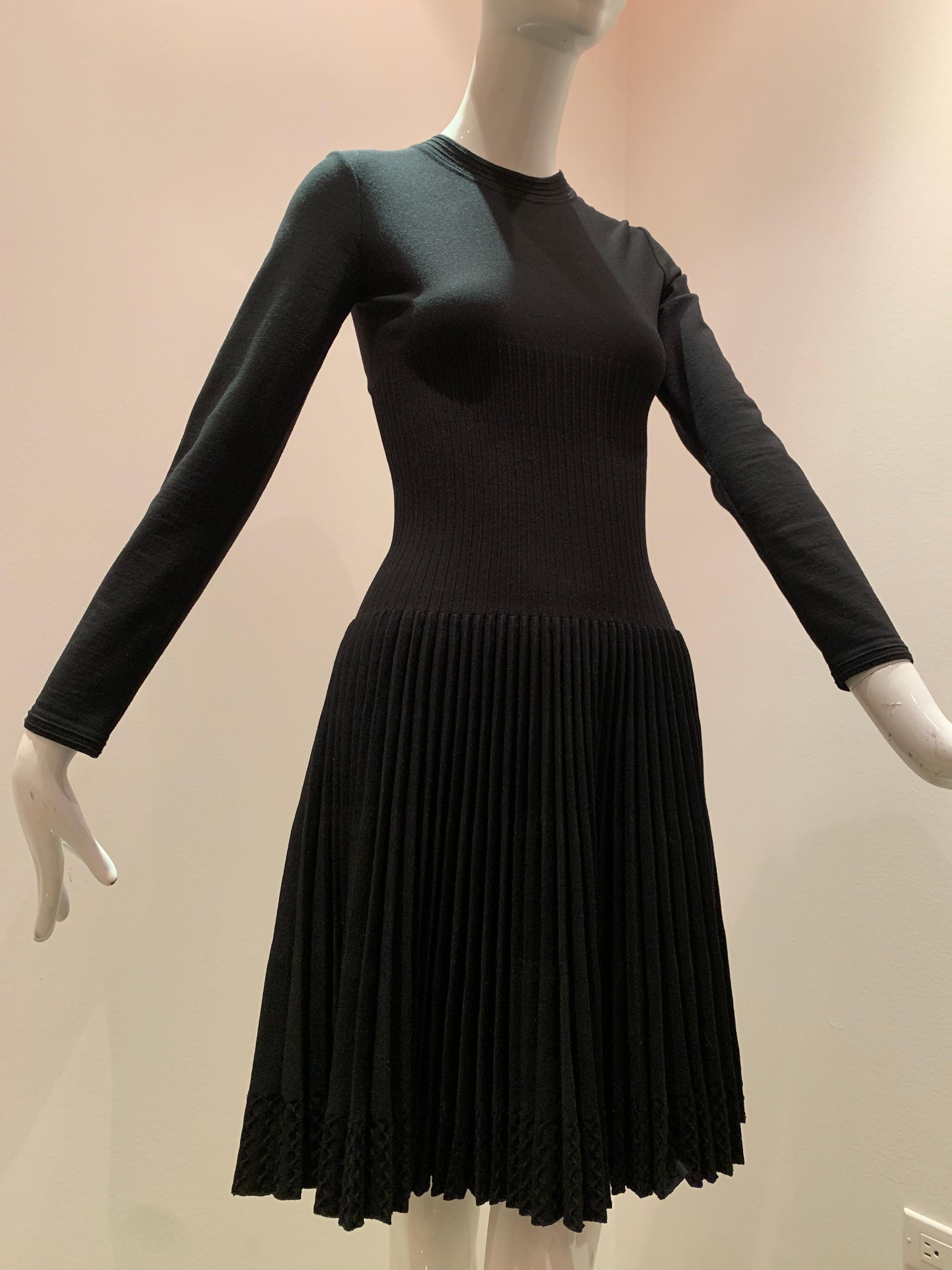 Alaia Black Knit Dress W/ High Neckline Dropped Waist and Pleated Flared Skirt 3