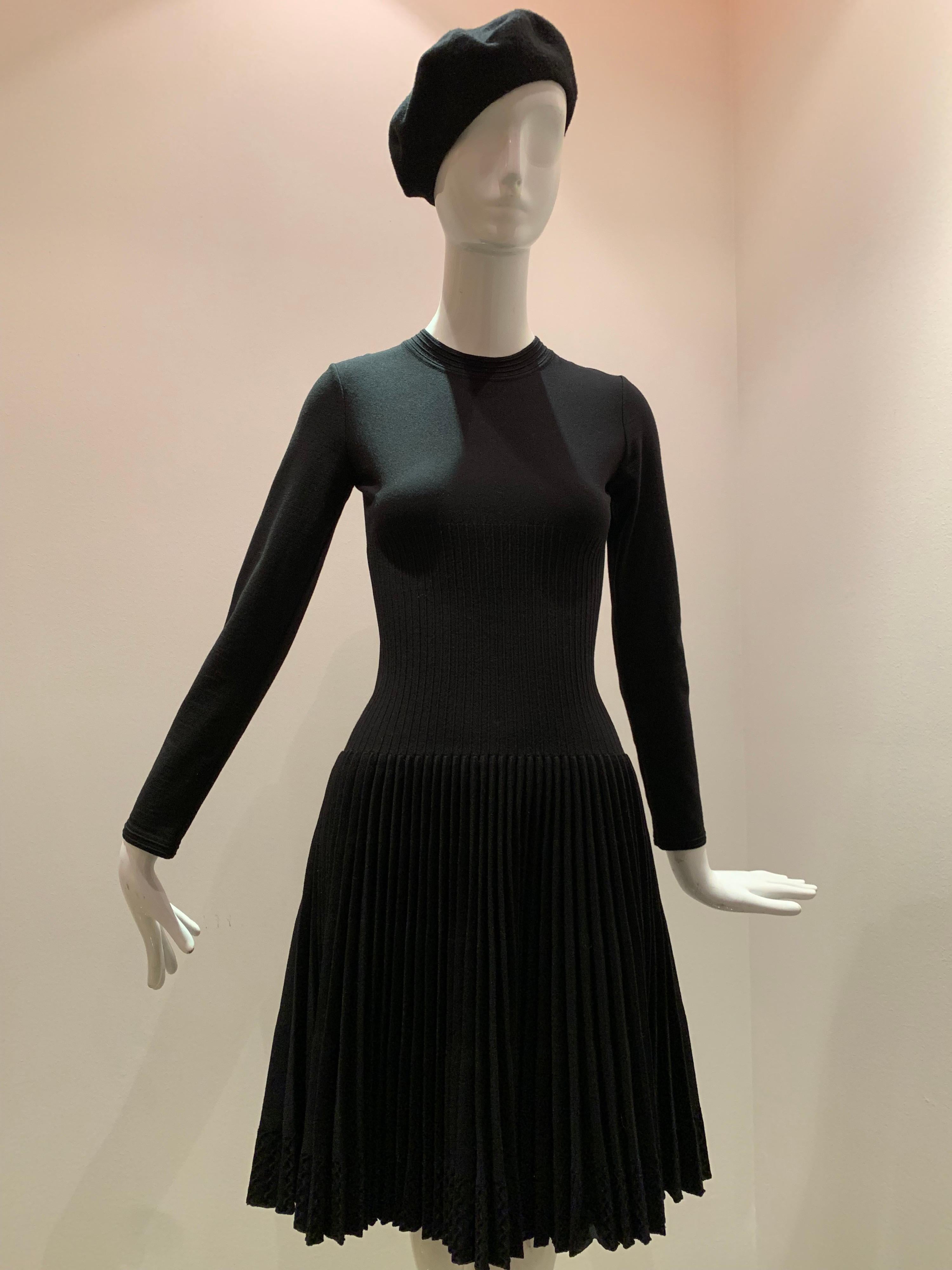 Alaia Black Knit Dress W/ High Neckline Dropped Waist and Pleated Flared Skirt 5