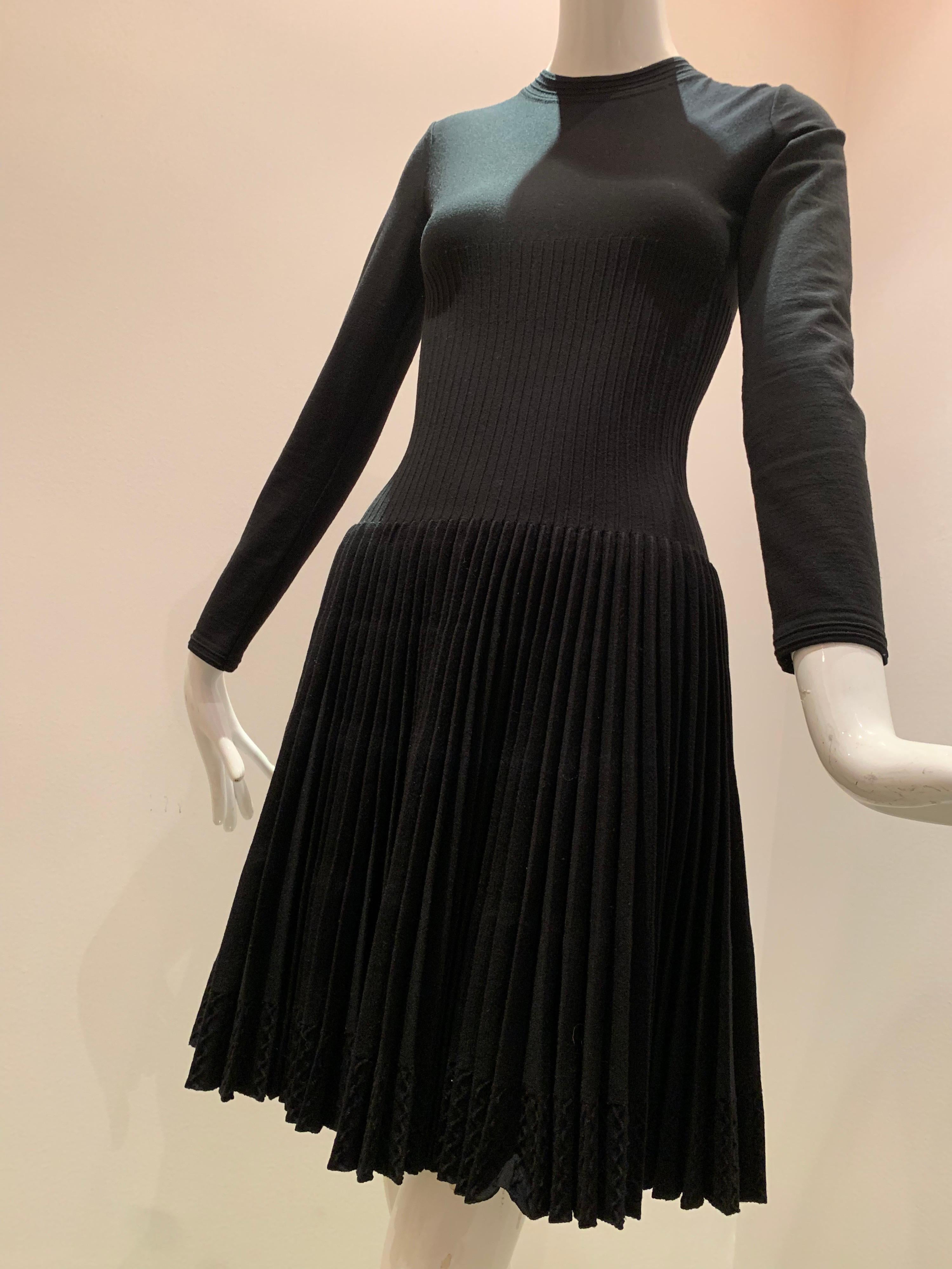 Alaia Black Knit Dress W/ High Neckline Dropped Waist and Pleated Flared Skirt In Excellent Condition In Gresham, OR