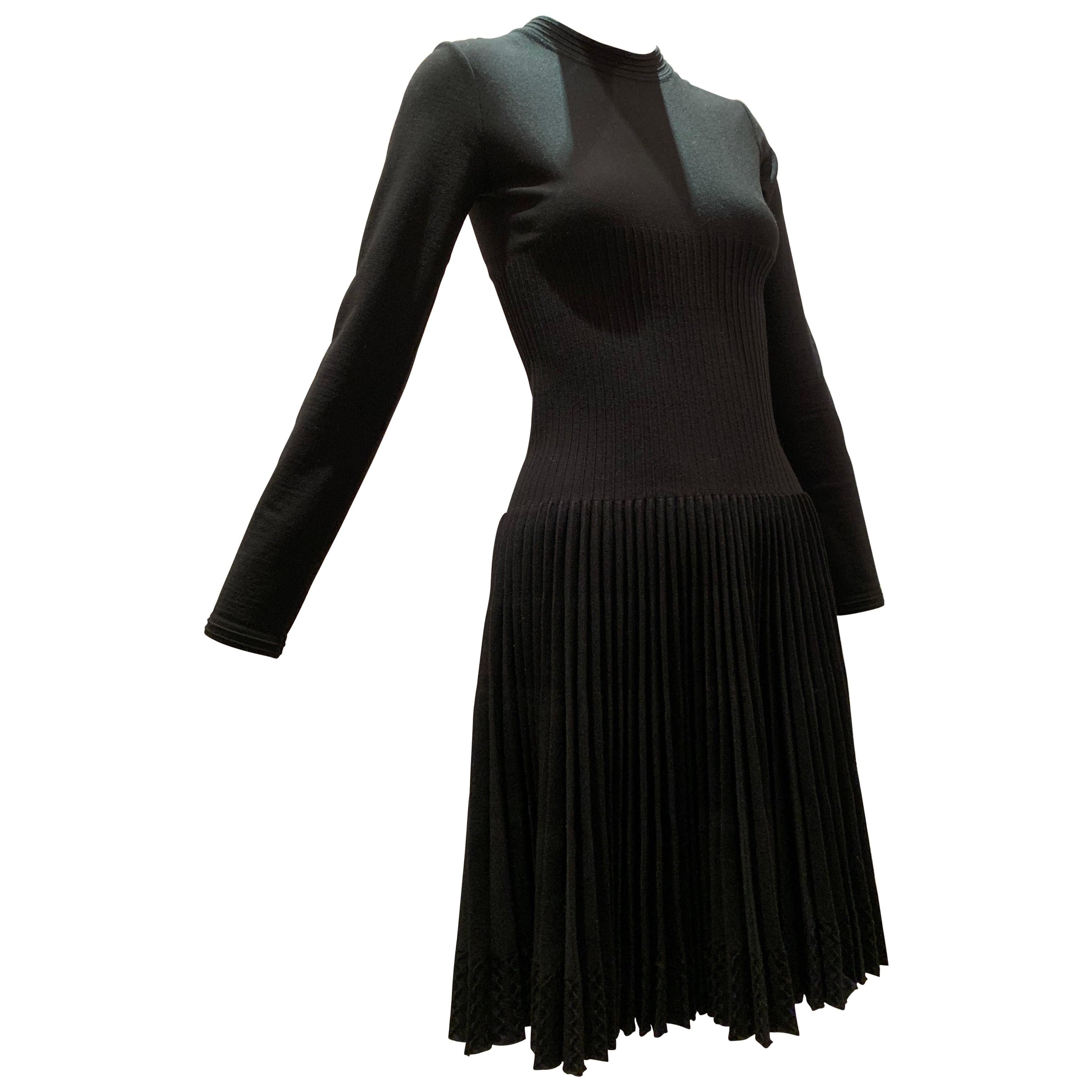 Alaia Black Knit Dress W/ High Neckline Dropped Waist and Pleated Flared Skirt