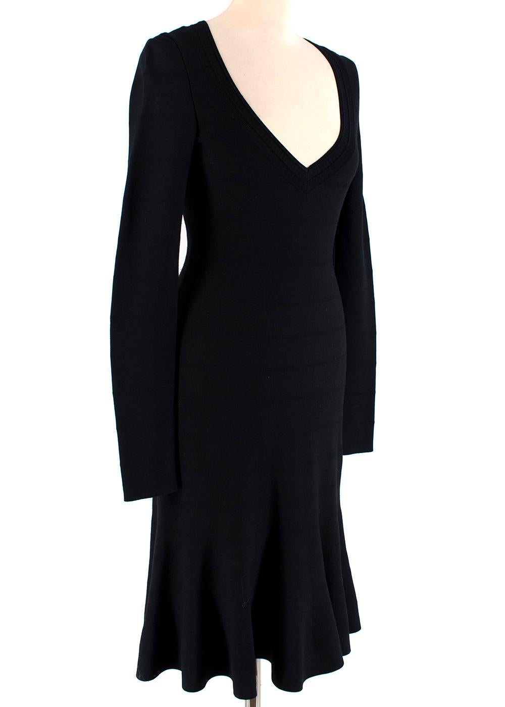 Alaia Black Knit Midi Fit and Flare Dress

- V- neck
- Fully Banded
- Fitted and Flared Silhouette 
- Hidden Back Zip Fastening 
- Ribbed Pattern on Neckline 

Material:
- 86% Fleece Wool 
- 12% Nylon 
- 2% Elastodine

Made in Italy
Measurements are