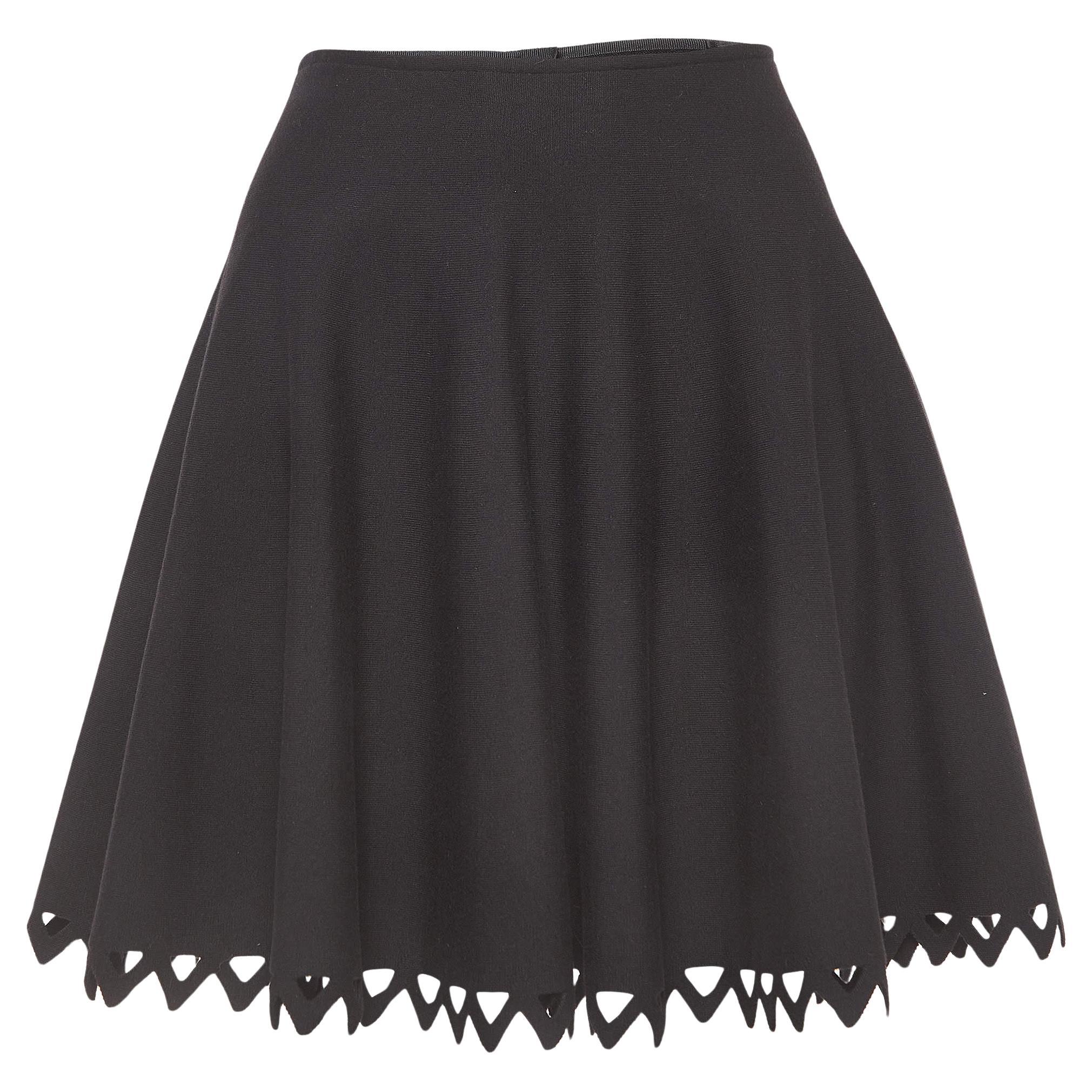 Alaia Black Knit Scallop Cut-Out Hem Flared Mini Skirt M For Sale