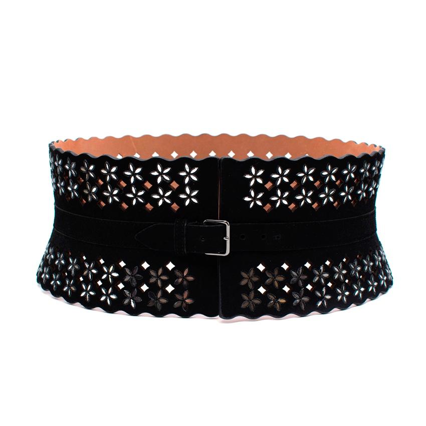 Alaia Black Laser Cut Leather Floral Mirror Work Corset Belt For Sale