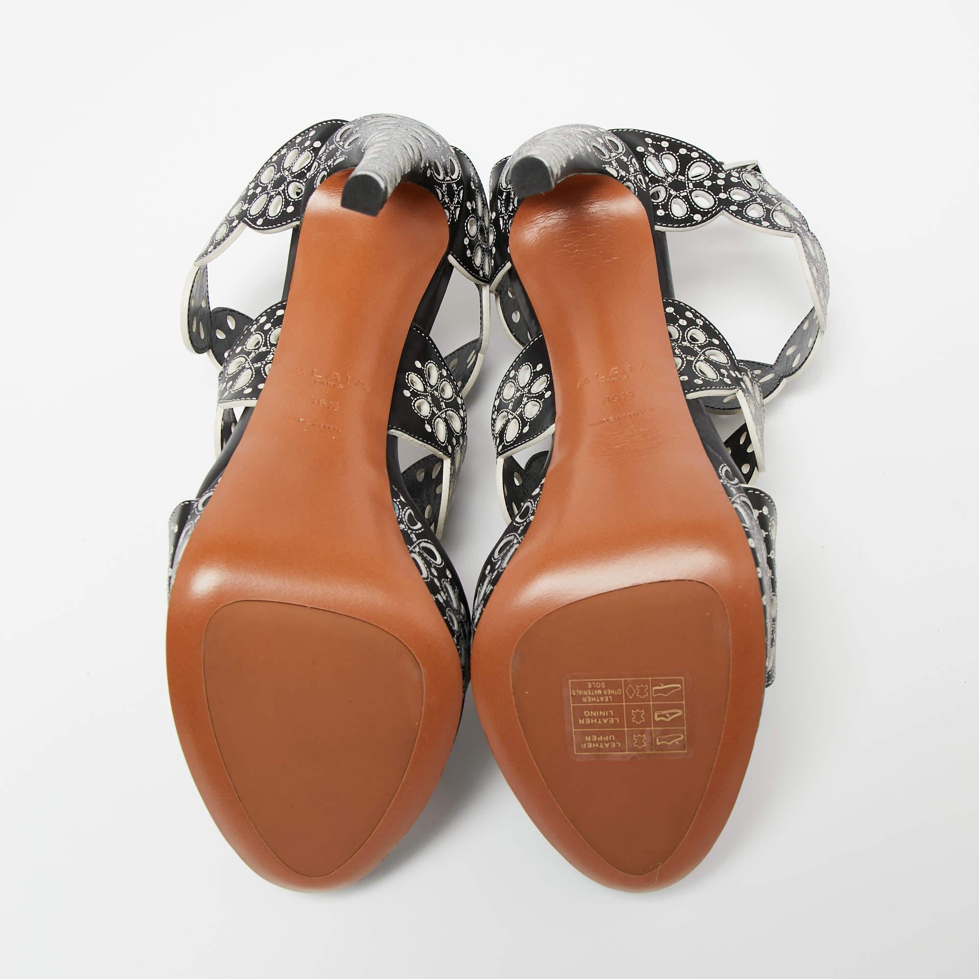 Alaia Black Laser Cut Leather Platform Strap Sandals Size 39.5 5
