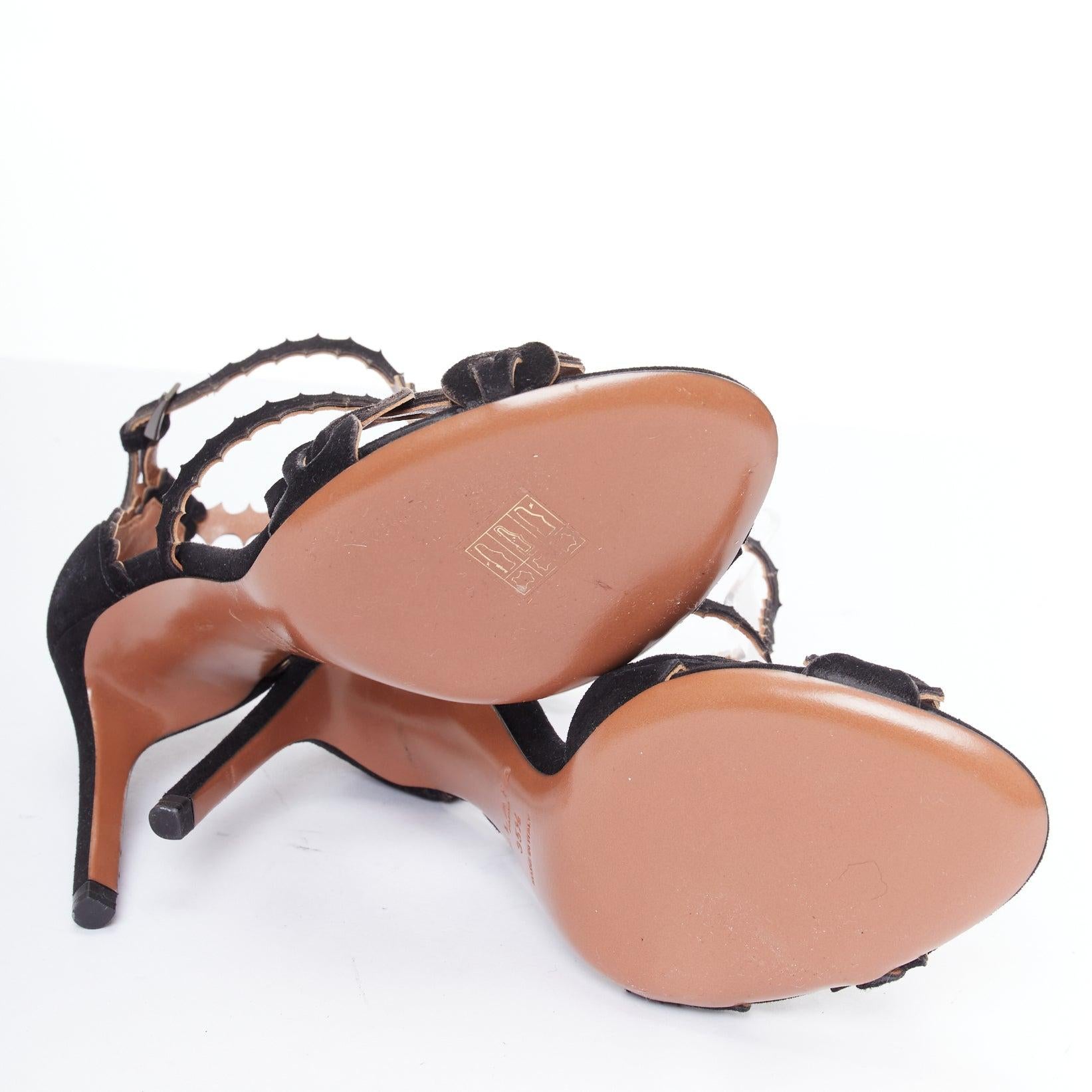 ALAIA black laser cut scalloped suede T bar high heel sandals EU35.5 6