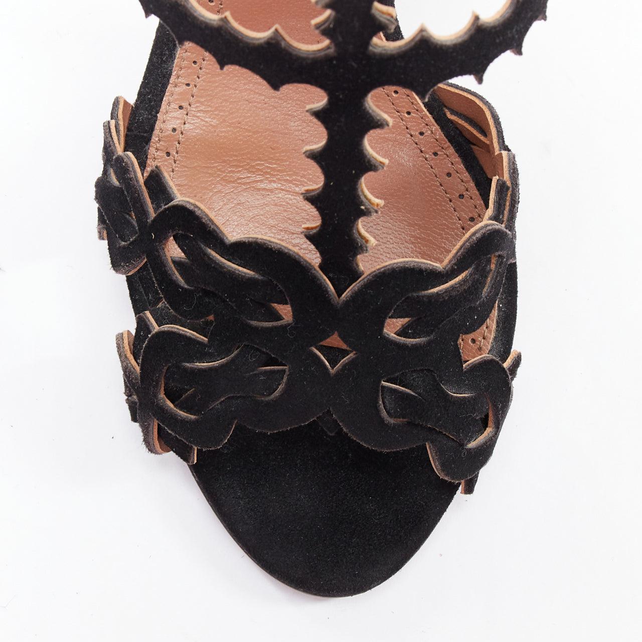 ALAIA black laser cut scalloped suede T bar high heel sandals EU35.5 1