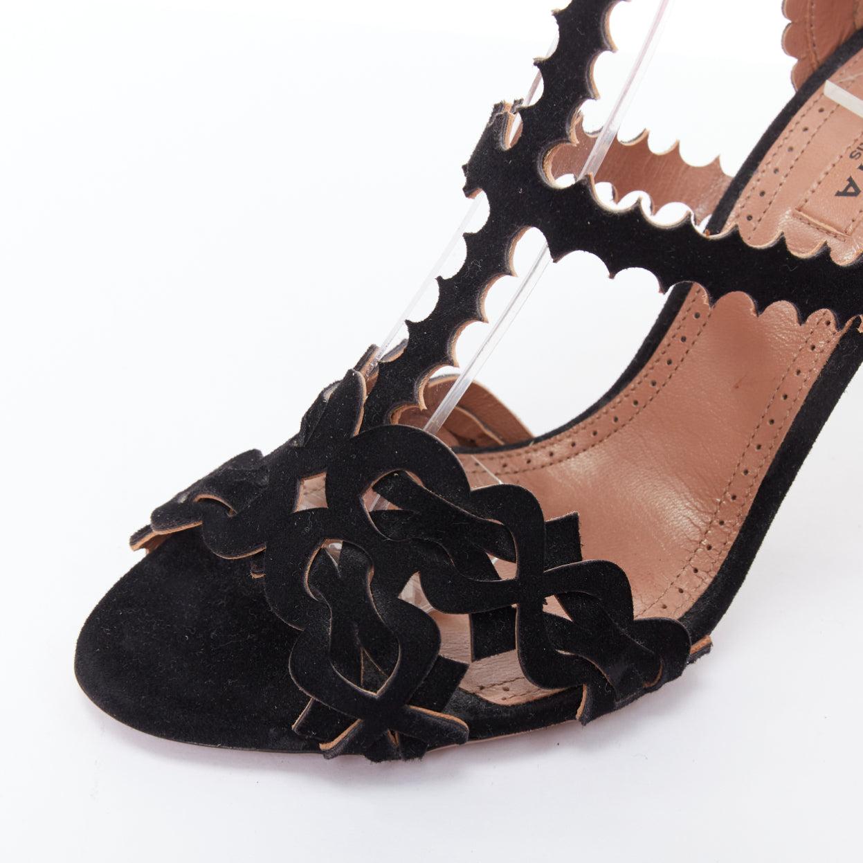 ALAIA black laser cut scalloped suede T bar high heel sandals EU35.5 2