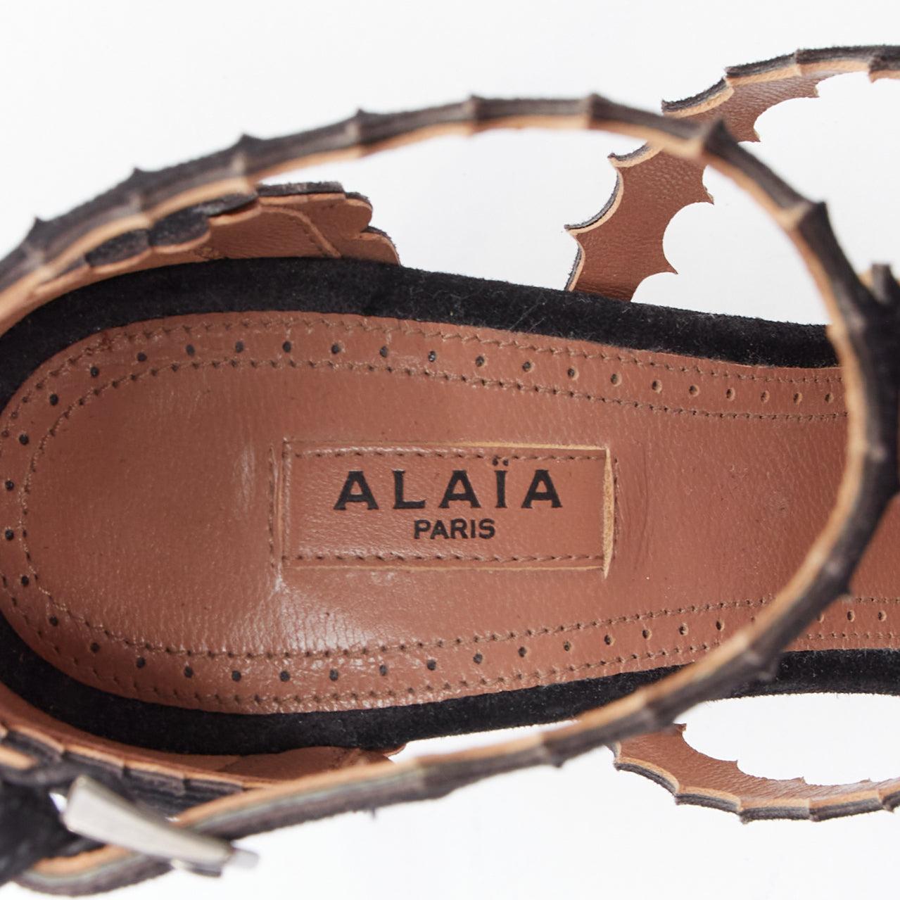 ALAIA black laser cut scalloped suede T bar high heel sandals EU35.5 4