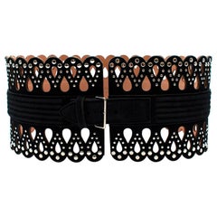 Alaia Black Laser-Cut Studded Corset Waist Belt - Size 75