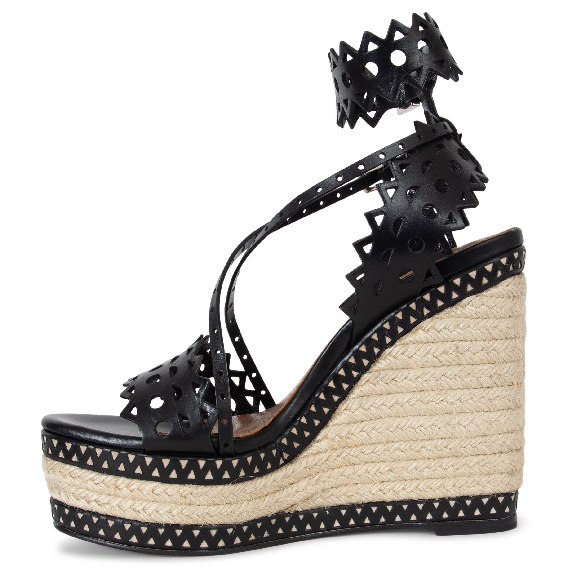 Black ALAIA black leather 2020 LASER CUT ESPADRILLE WEDGE PLATFORM Sandals Shoes 37 For Sale