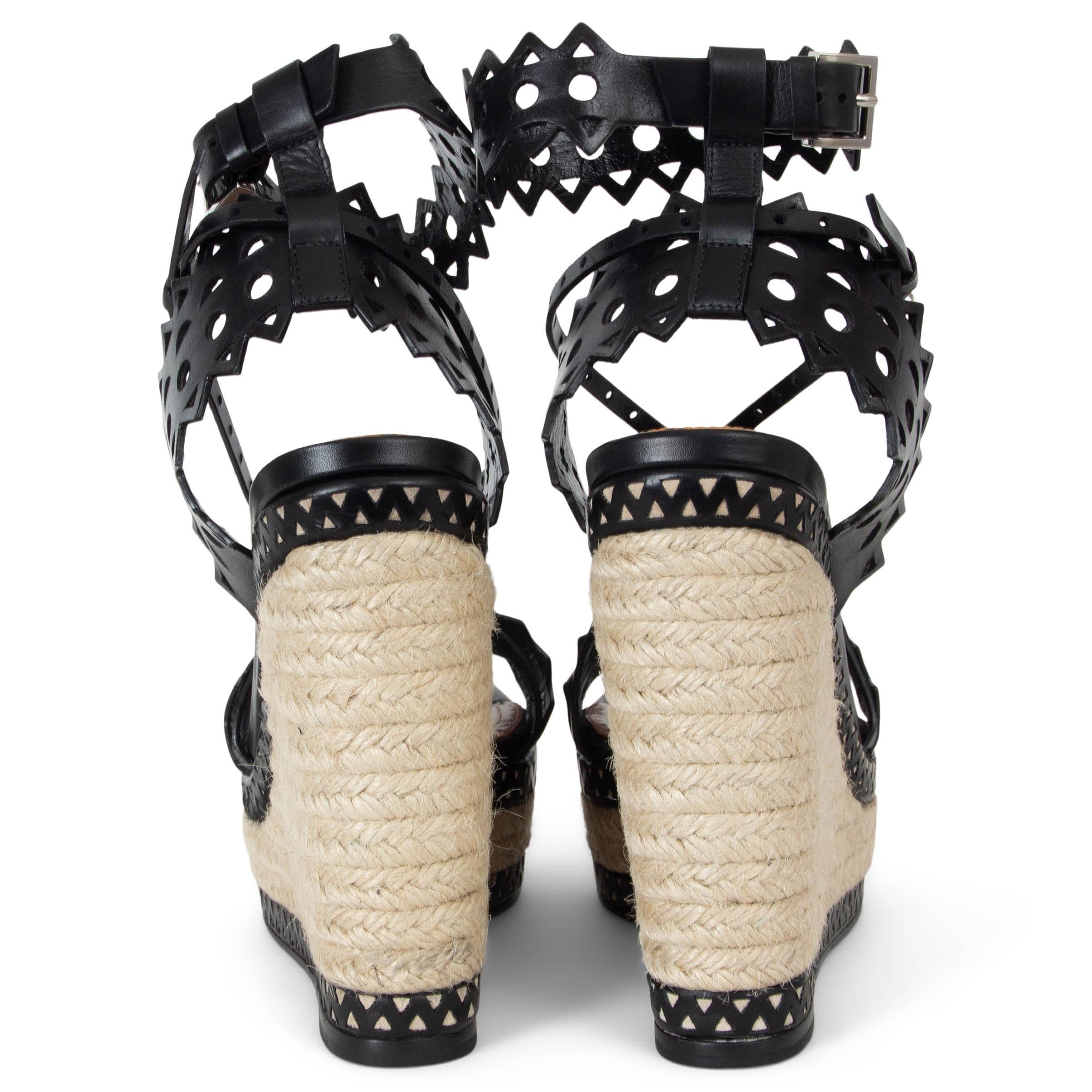 ALAIA black leather 2020 LASER CUT ESPADRILLE WEDGE PLATFORM Sandals Shoes 37 In New Condition For Sale In Zürich, CH
