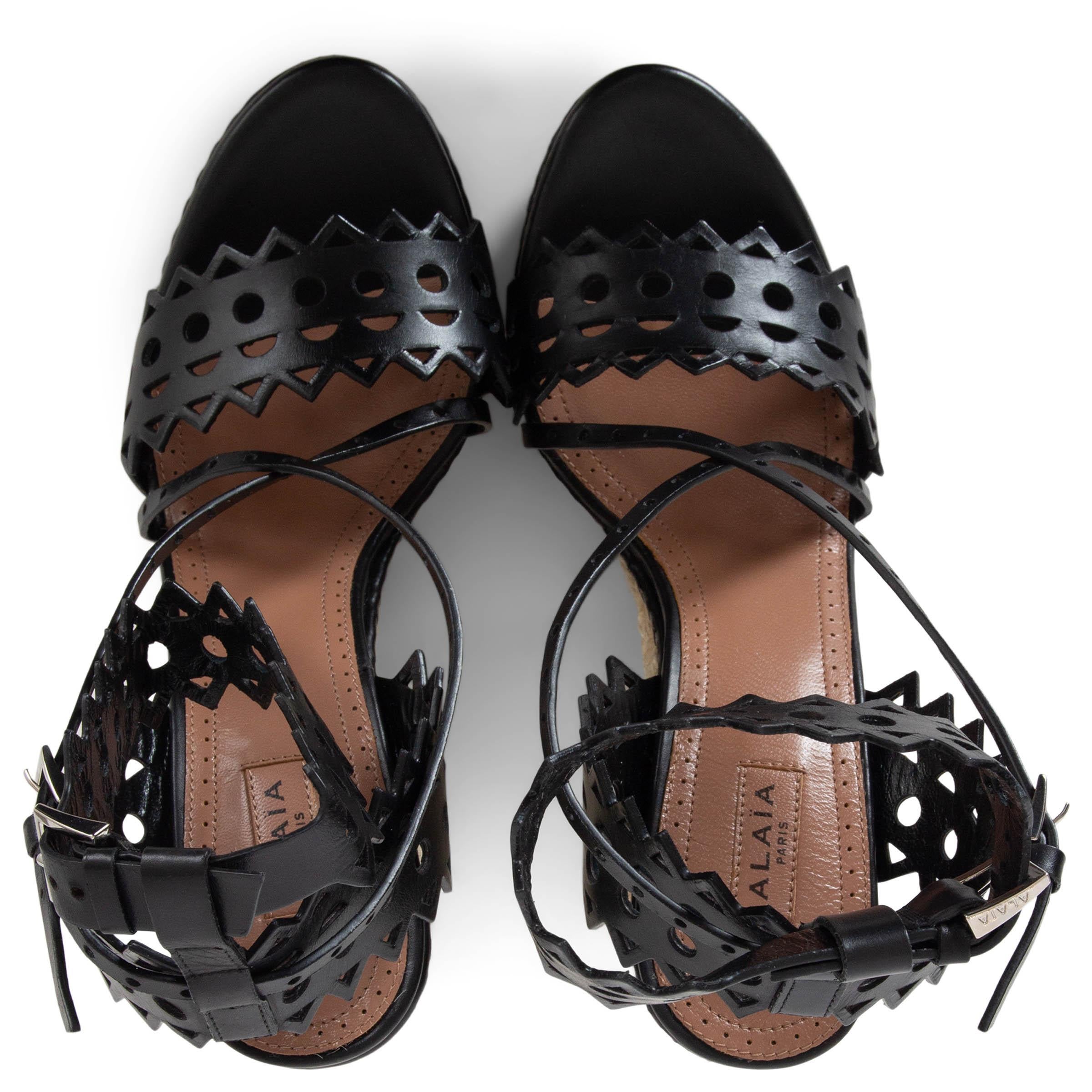 Women's ALAIA black leather 2020 LASER CUT ESPADRILLE WEDGE PLATFORM Sandals Shoes 37 For Sale