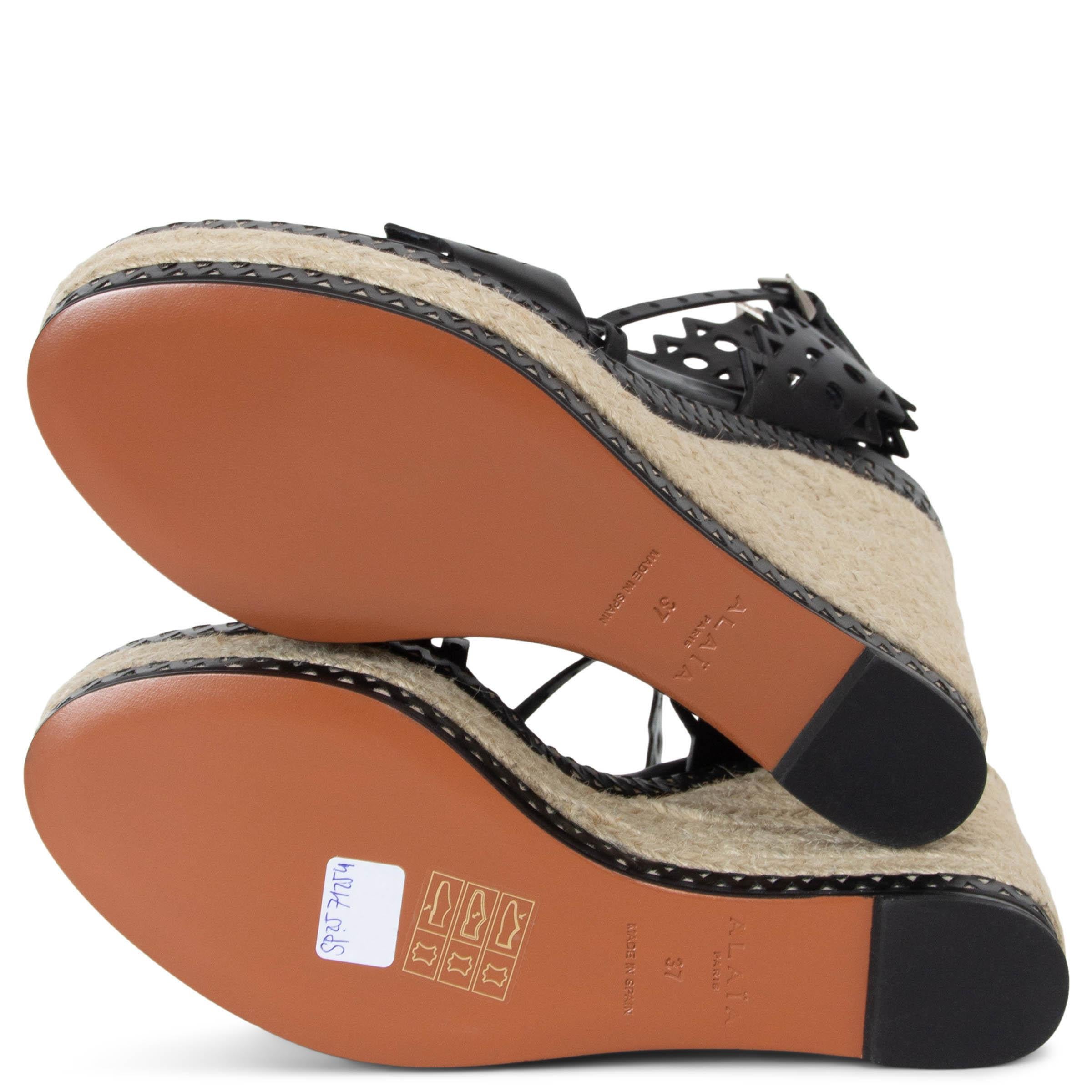 ALAIA black leather 2020 LASER CUT ESPADRILLE WEDGE PLATFORM Sandals Shoes 37 For Sale 2