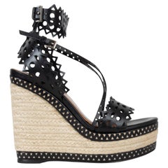 ALAIA black leather 2020 LASER CUT ESPADRILLE WEDGE PLATFORM Sandals Shoes 37