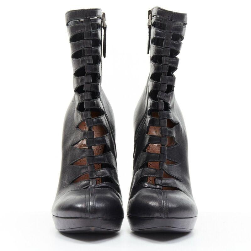 Black ALAIA black leather angular cut out front almond toe platform ankle boot EU37.5 For Sale