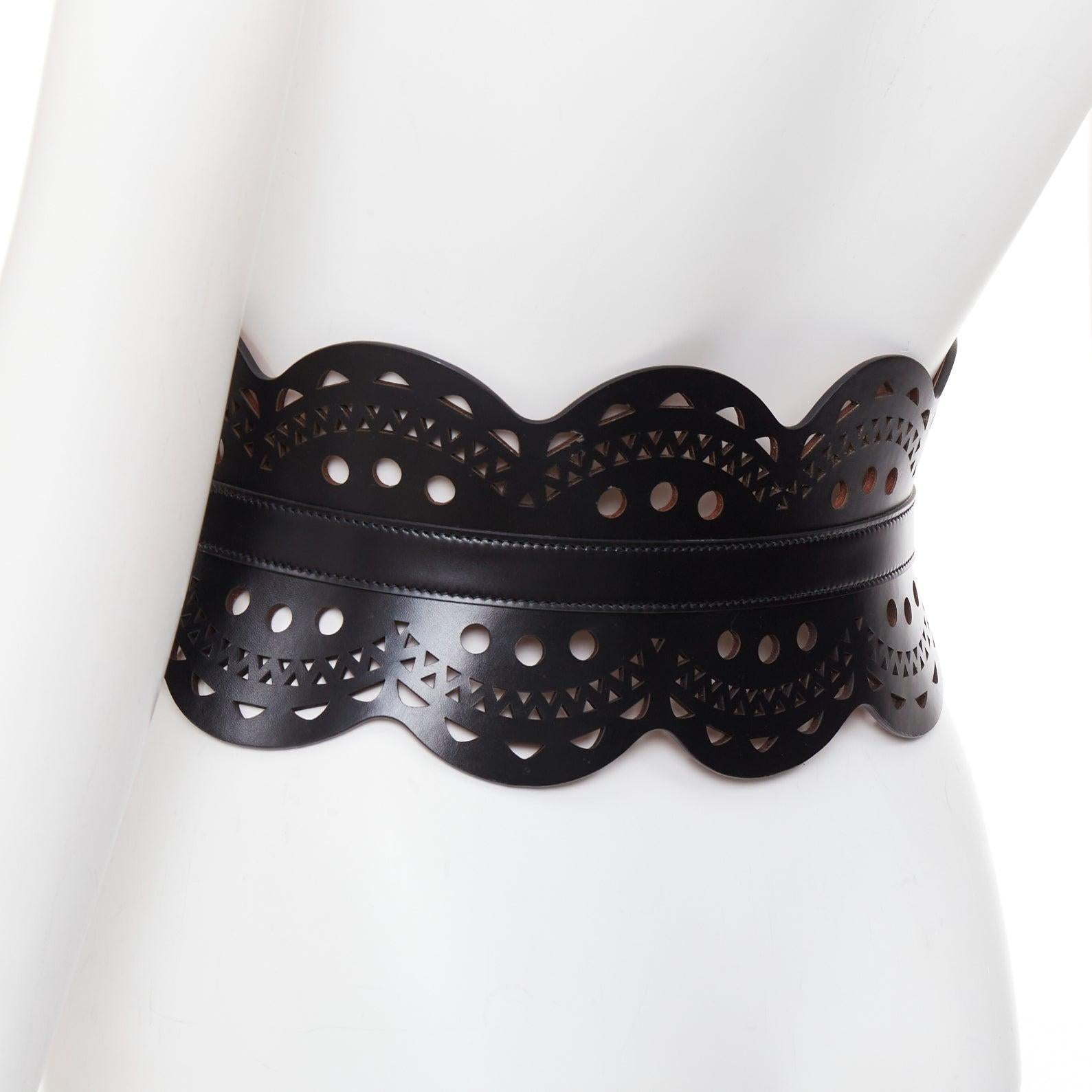 Women's ALAIA black leather laser cut out scalloped wide statement corset belt 65cm For Sale