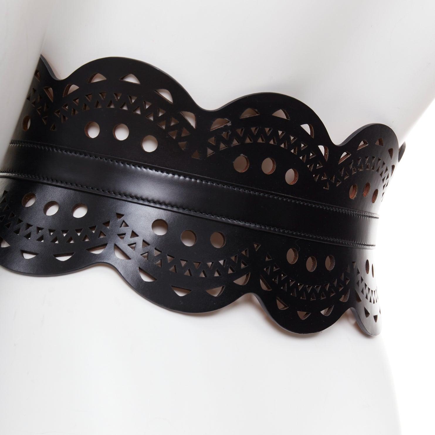 ALAIA black leather laser cut out scalloped wide statement corset belt 65cm For Sale 1