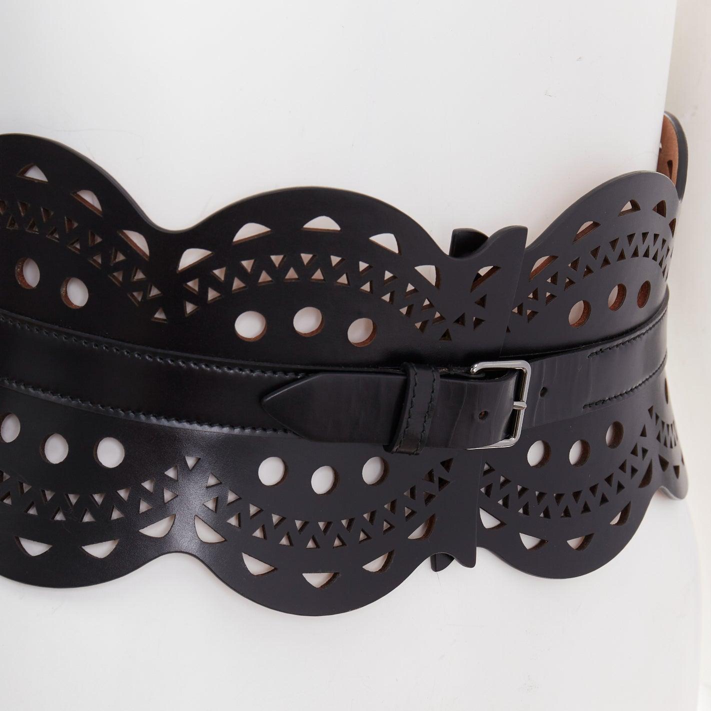 ALAIA black leather laser cut out scalloped wide statement corset belt 65cm For Sale 2