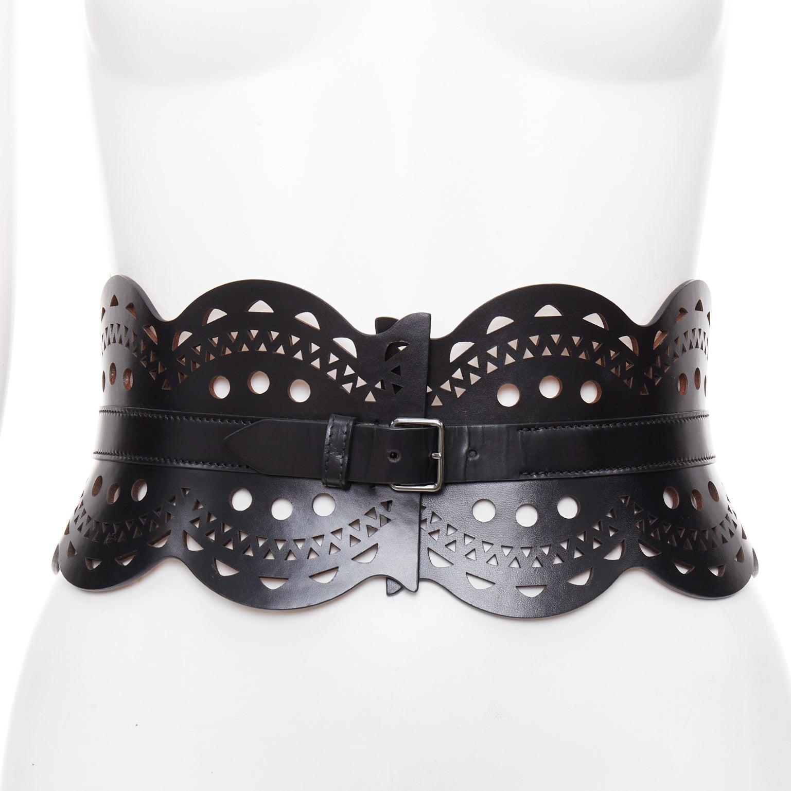 ALAIA cintura a corsetto in pelle nera con taglio laser e smerlatura larga 65cm