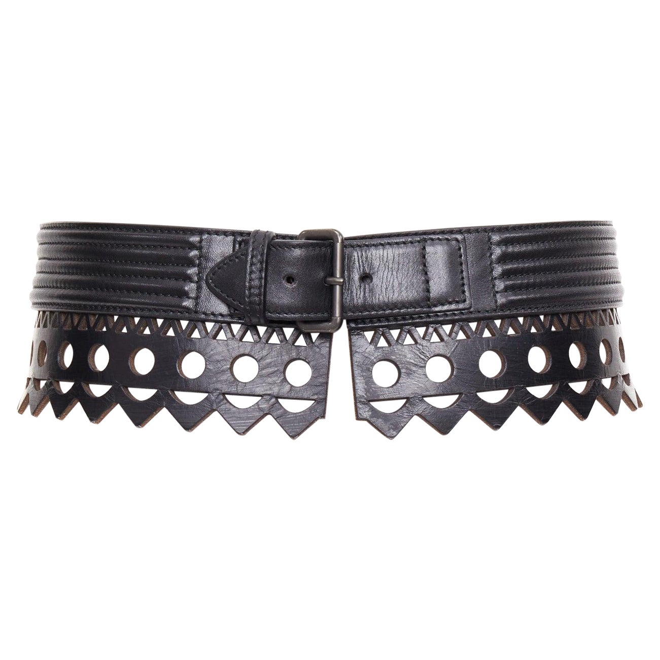 ALAIA black leather laser cut wide waist belt 65cm