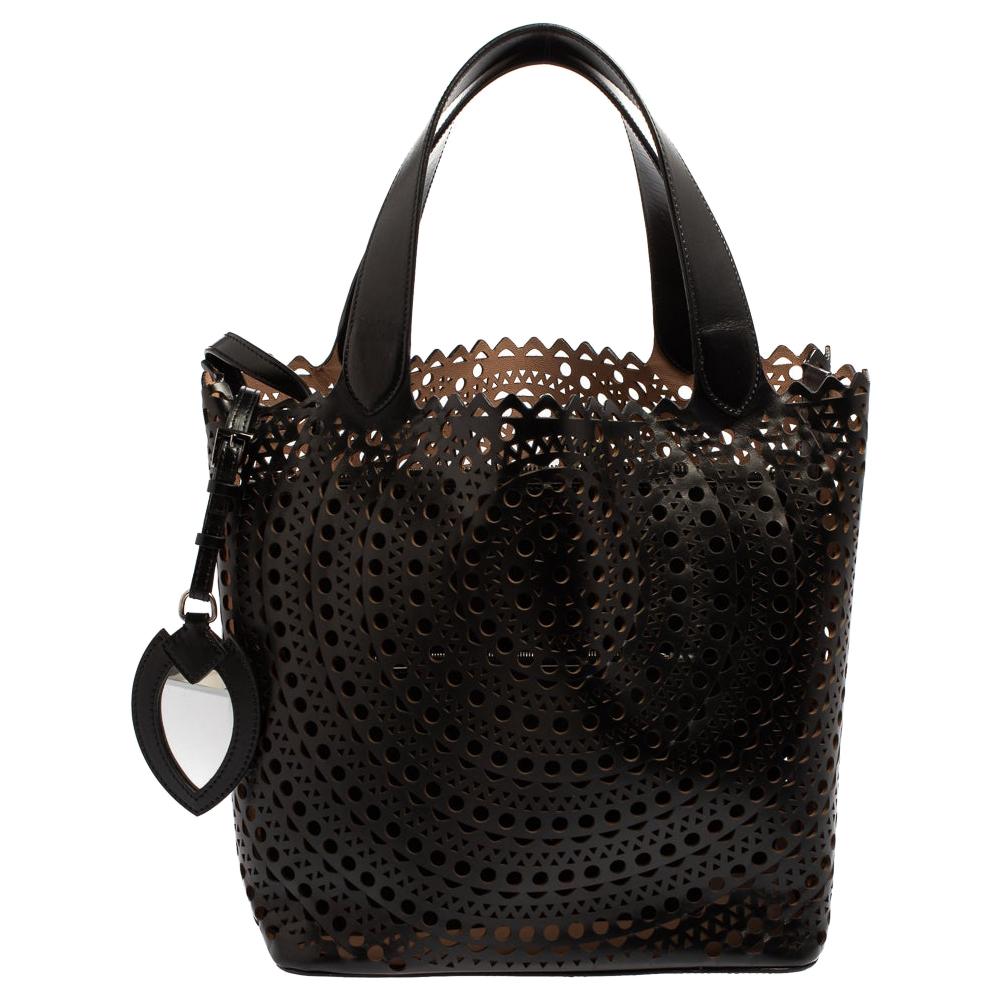 Alaia Black Leather Mina Mini Laser Cut Tote