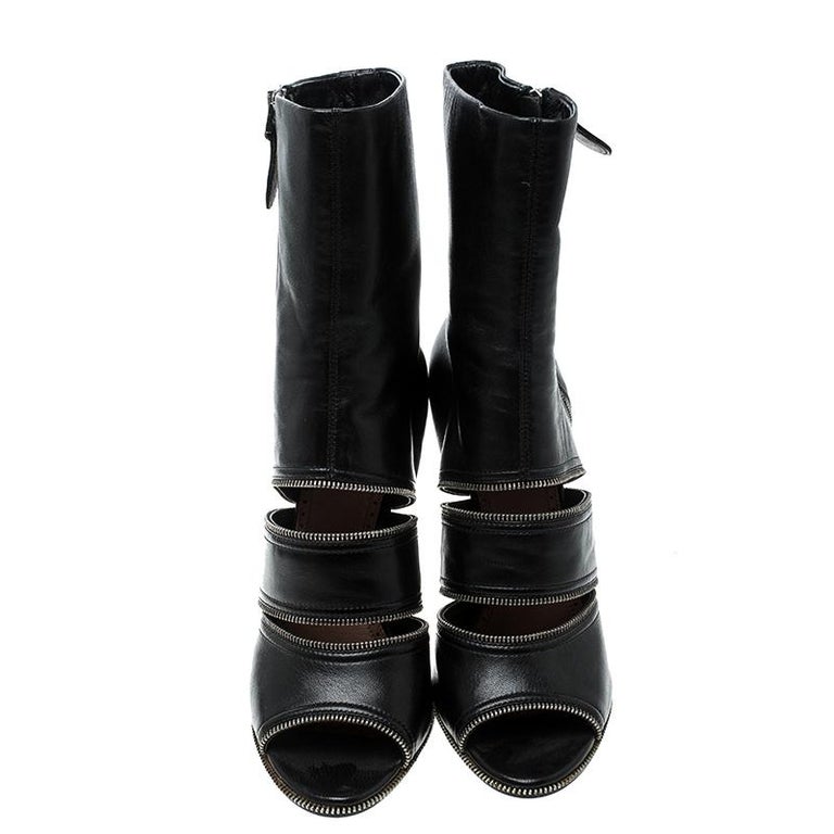 Alaia Black Leather Peep Toe Zipper Booties Size 39 at 1stDibs