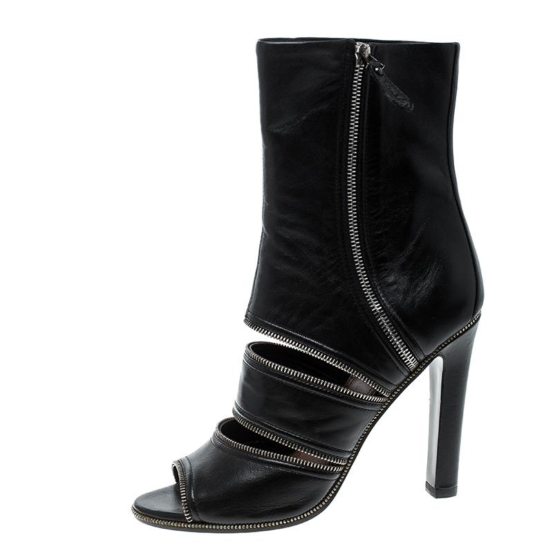 Women's Alaia Black Leather Peep Toe Zipper Booties Size 39