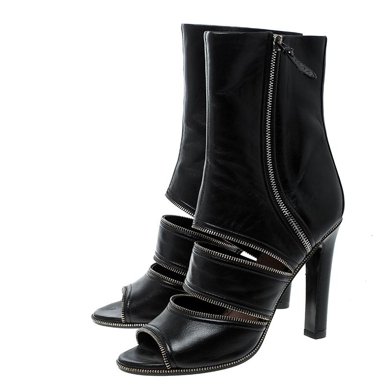 Alaia Black Leather Peep Toe Zipper Booties Size 39 1