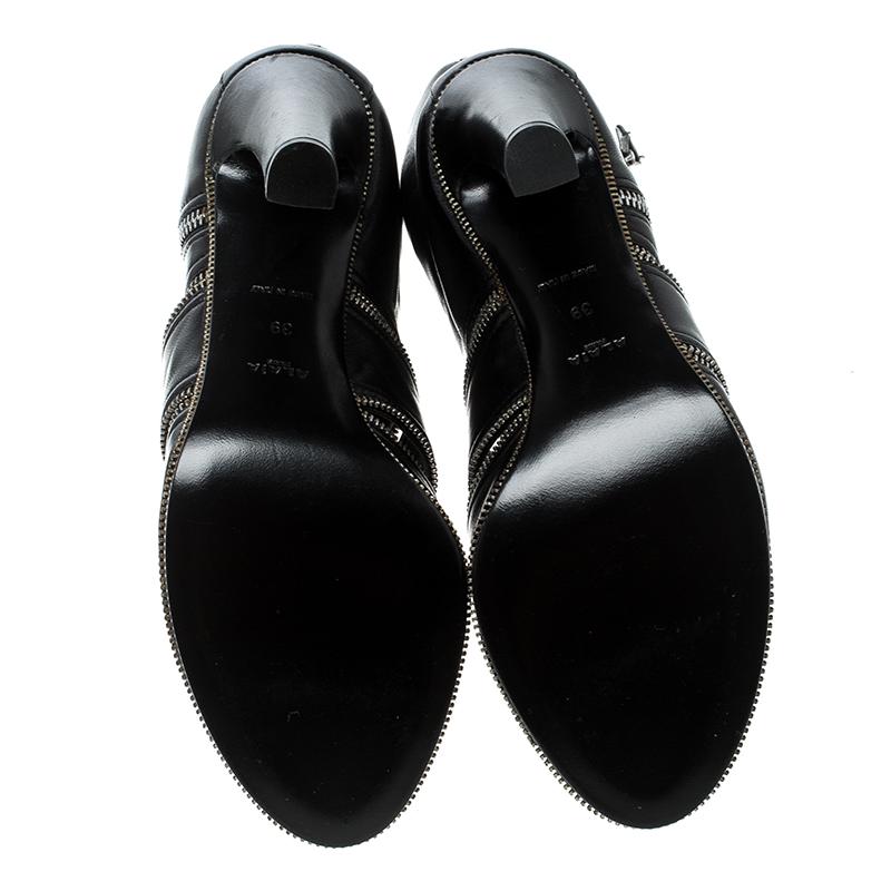 Alaia Black Leather Peep Toe Zipper Booties Size 39 2
