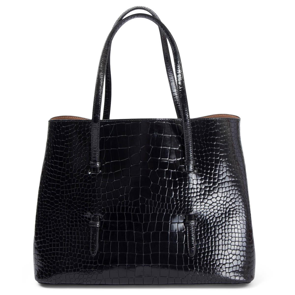 ALAIA black leather SHINY CROCODILE EMBOSSED VIENNE Tote Bag In Good Condition In Zürich, CH