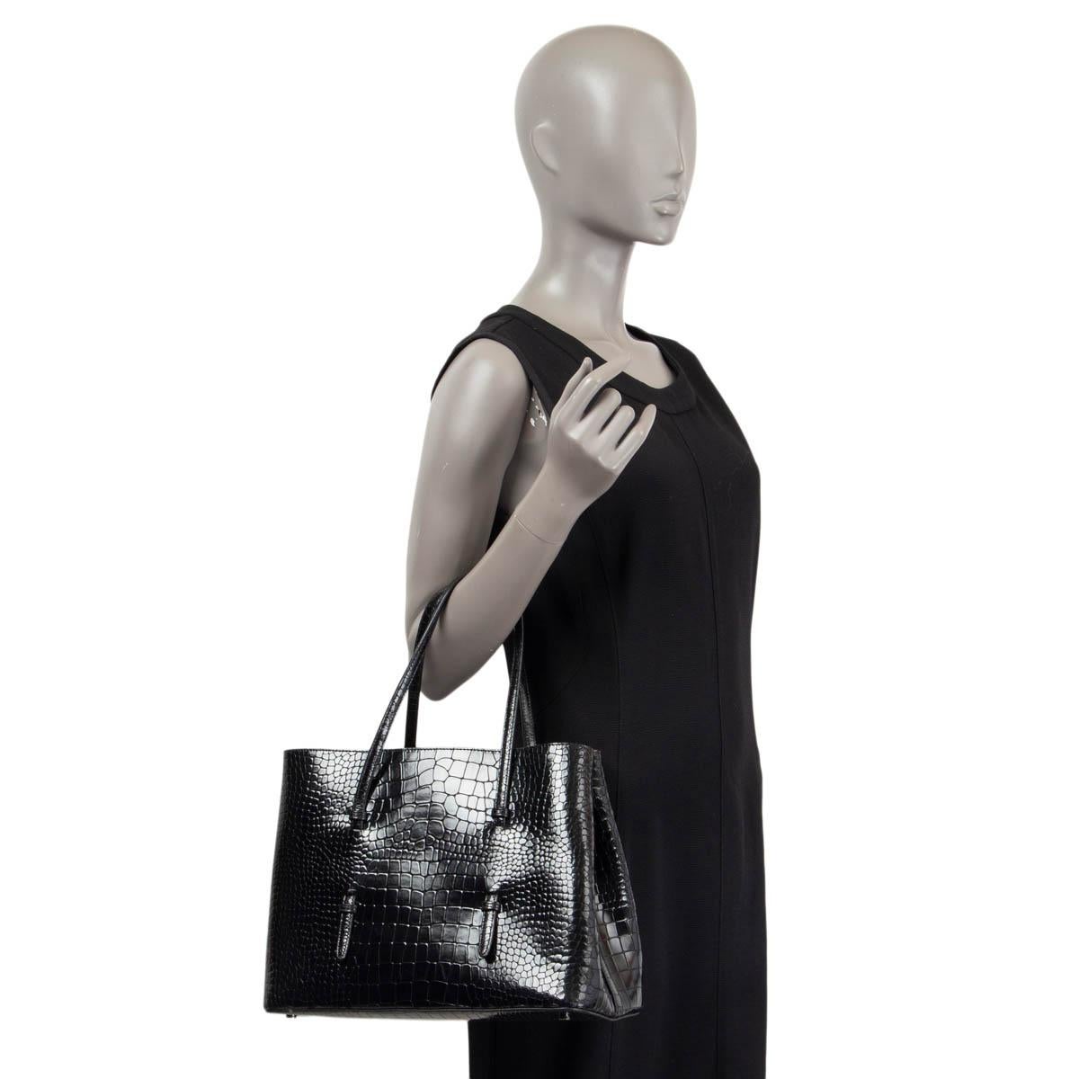 ALAIA black leather SHINY CROCODILE EMBOSSED VIENNE Tote Bag 5