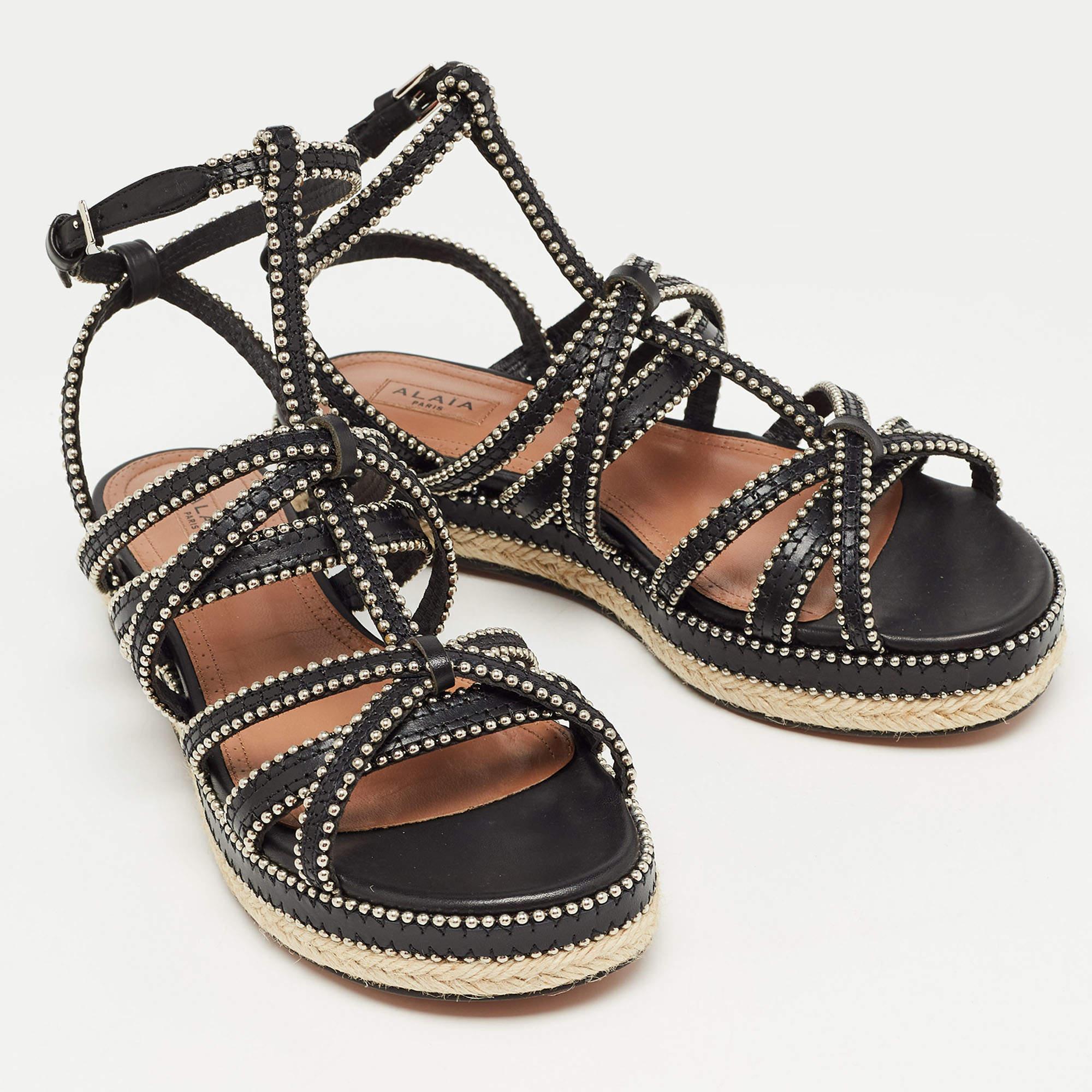 Alaia Black Leather Studded Strappy Espadrille Flat Sandals Size 37 In Excellent Condition For Sale In Dubai, Al Qouz 2