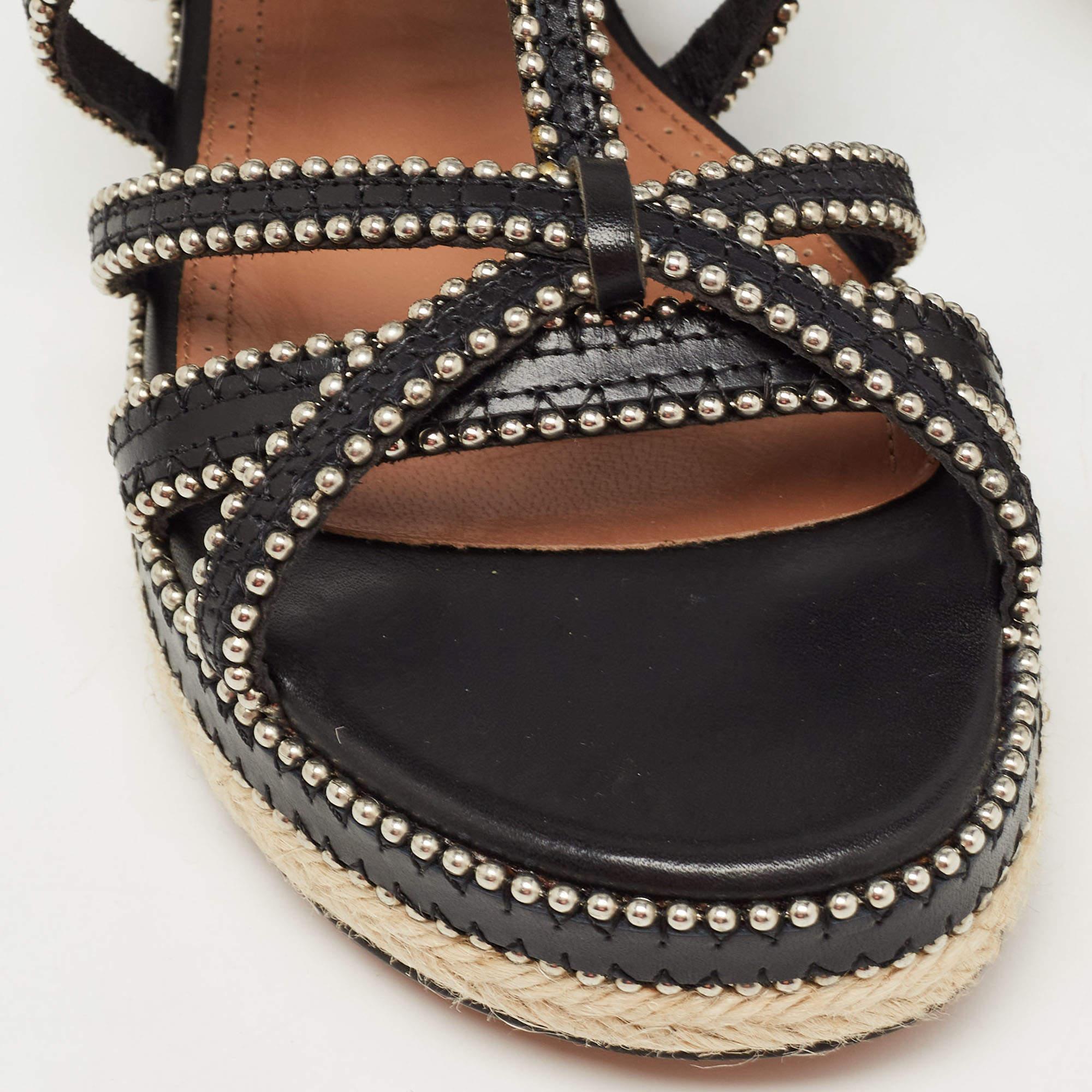 Alaia Black Leather Studded Strappy Espadrille Flat Sandals Size 37 For Sale 2