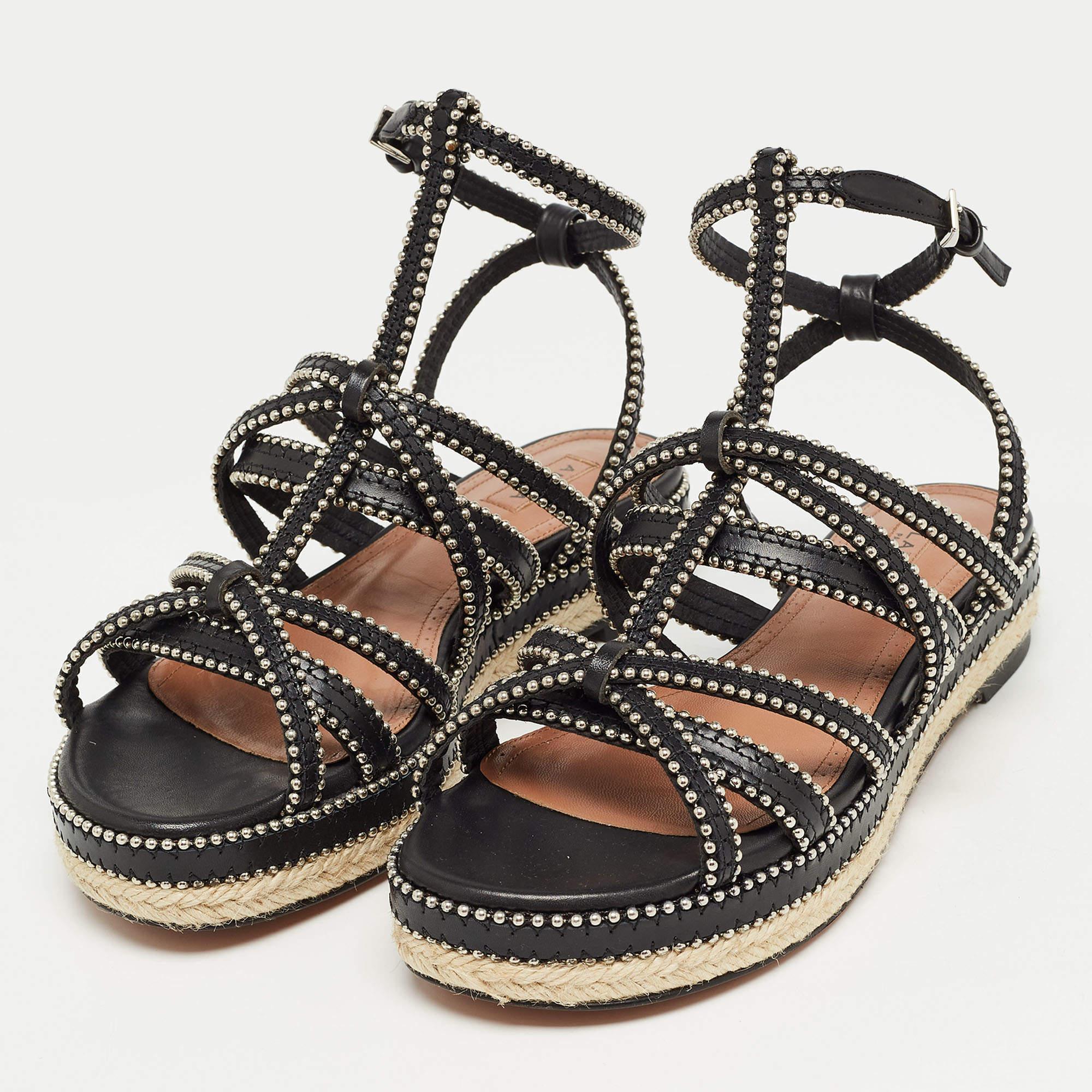 Alaia Black Leather Studded Strappy Espadrille Flat Sandals Size 37 For Sale 3