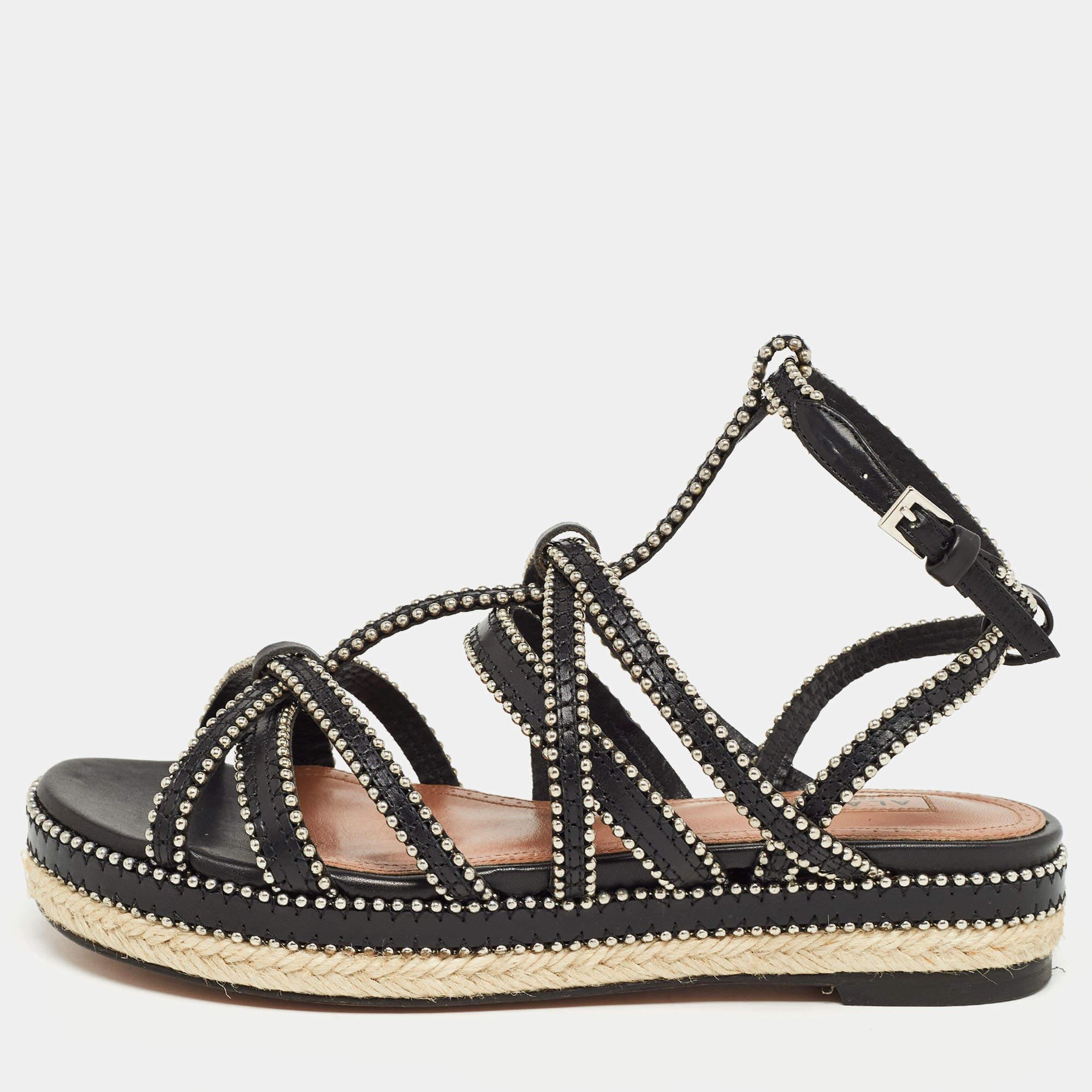 Alaia Black Leather Studded Strappy Espadrille Flat Sandals Size 37 For Sale 4