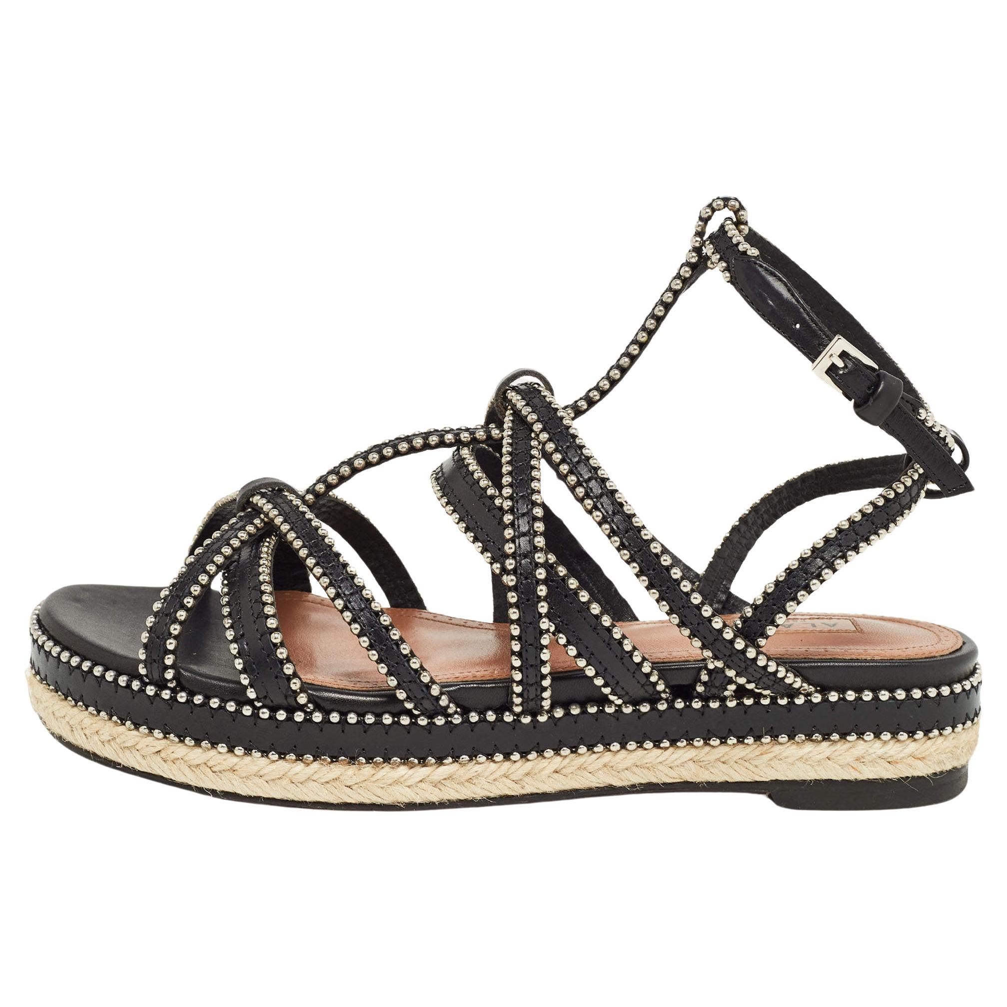 Alaia Black Leather Studded Strappy Espadrille Flat Sandals Size 37 For Sale