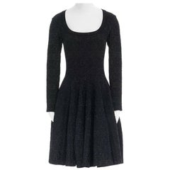 ALAIA black metallic floral geometric jacquard knit fit flare dress FR38 S
