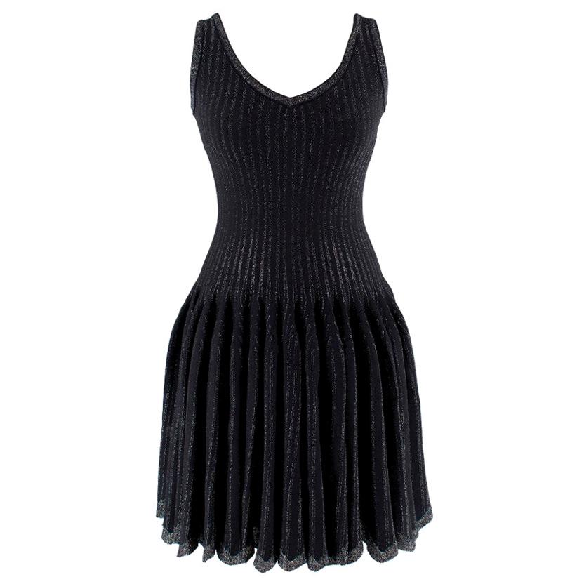 Alaia Black Metallic Striped Knit Pleated Dress - Size US6