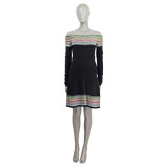 ALAIA black & multicolor wool blend OFF SHOULDER FLARED Dress XS