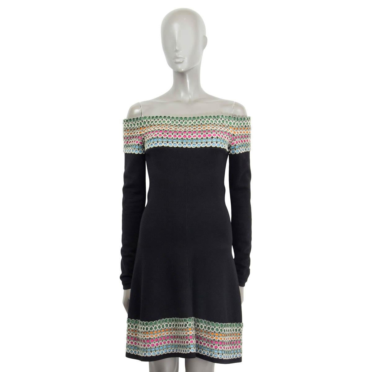 Black ALAIA black & multicolor wool blend OFF SHOULDER FLARED Dress XS For Sale