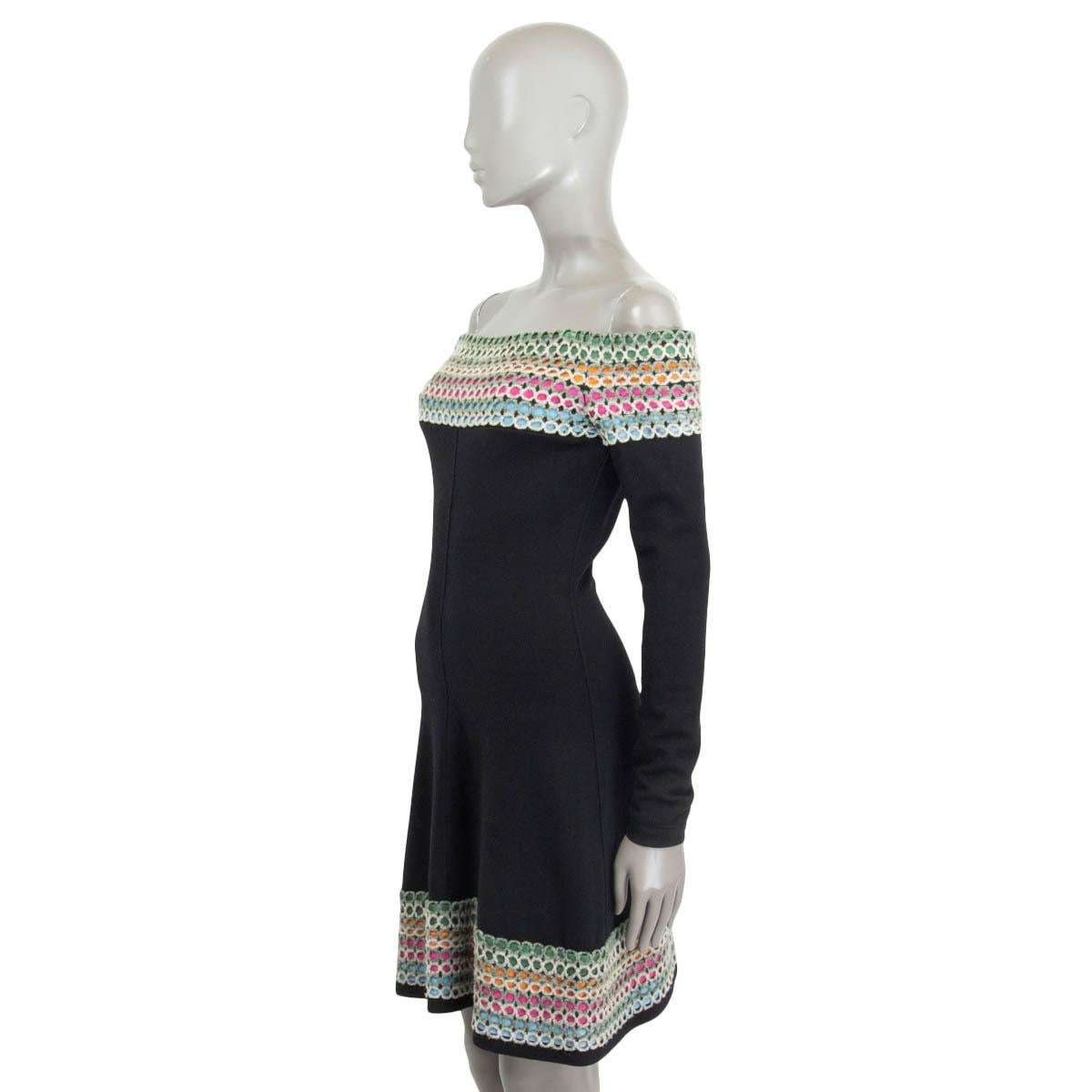 ALAIA black & multicolor wool blend OFF SHOULDER FLARED Dress XS In Good Condition For Sale In Zürich, CH